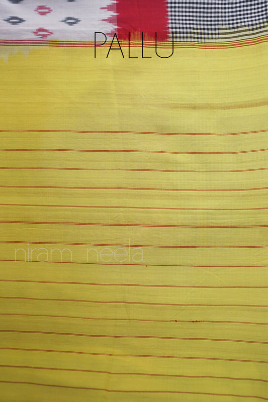Ivory and yellow Pochampally ikat cotton saree - Niram Neela