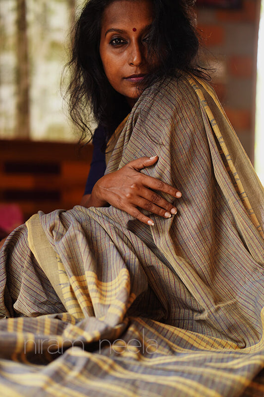 Khaki striped Ponduru handspun cotton saree - Niram Neela