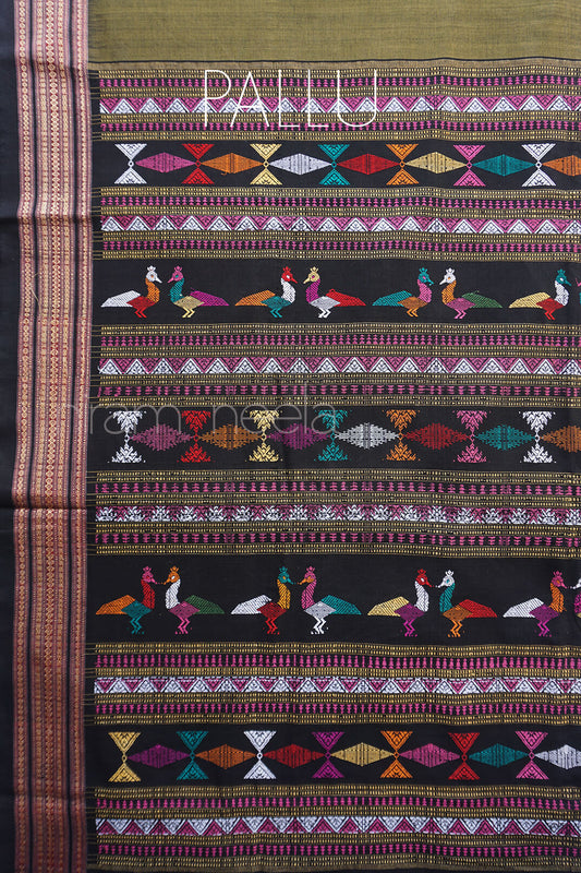 Olive green and black Dhalapathar cotton saree - Niram Neela