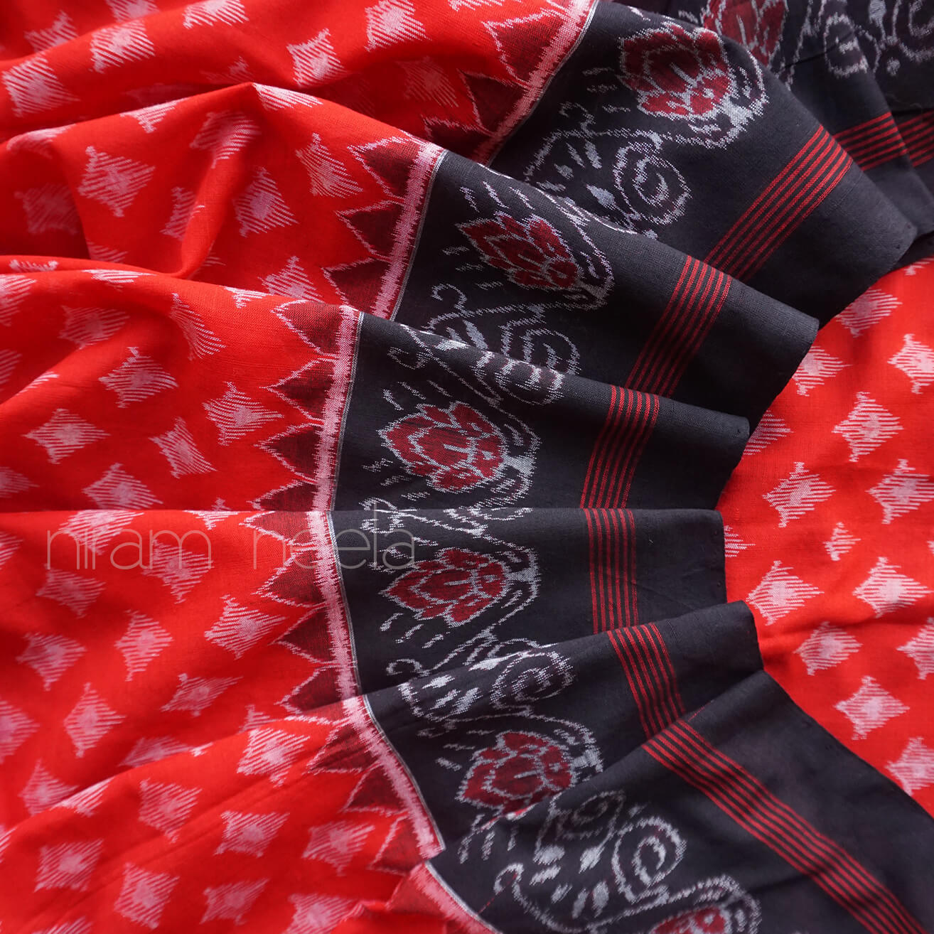 Red and black Sambalpuri ikat cotton saree - Main Image