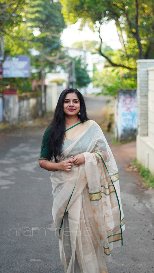Cream and green Chanderi katan silk tissue saree | Niram Neela