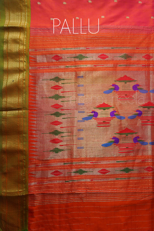 Orange and lime green Paithani silk saree | Niram Neela