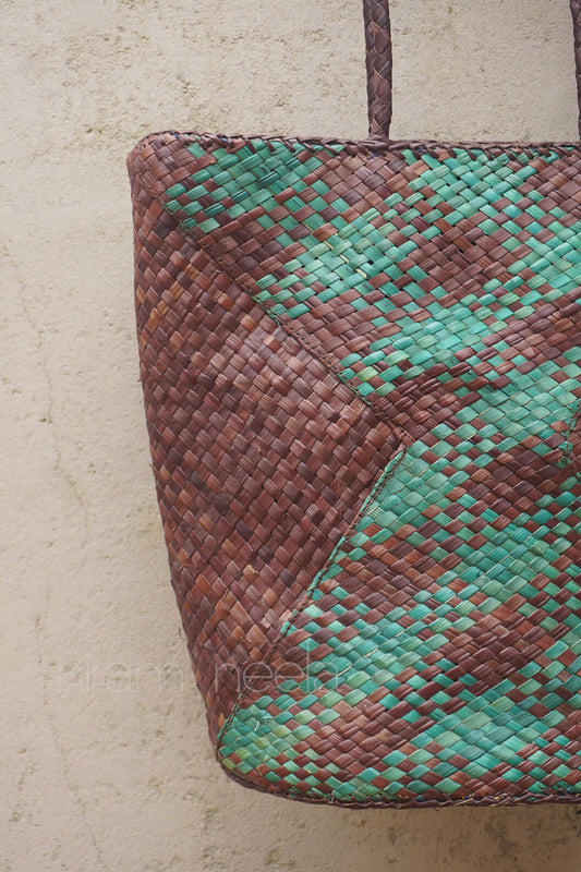 Green and brown handmade screwpine tote bag | Ladies handbag by Niram Neela