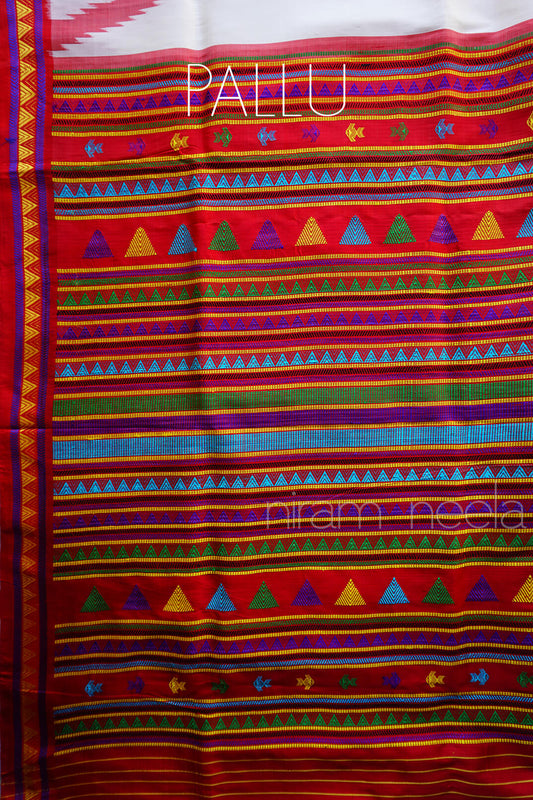 White and red Dongria silk saree - Niram Neela