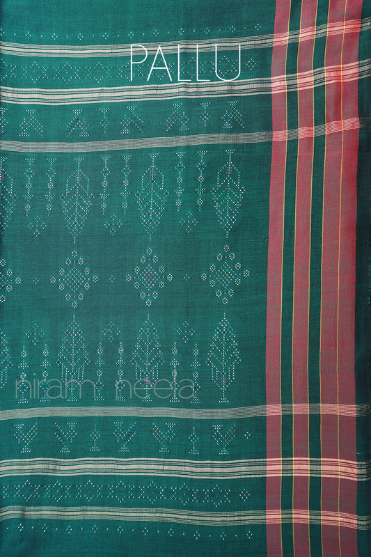 Green and red Tangaliya cotton saree - Niram Neela