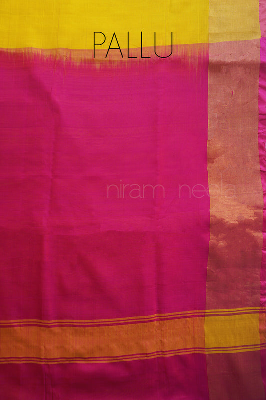 Yellow with pink Uppada soft silk partywear saree | Niram Neela