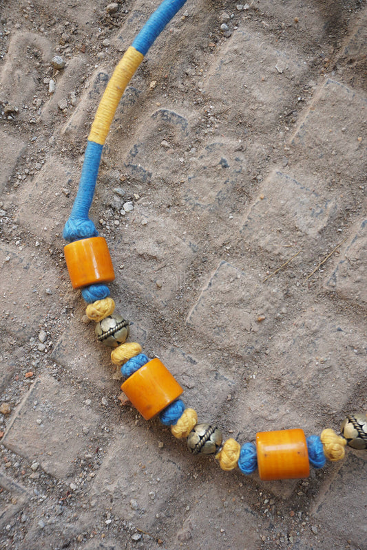 Yellow and blue handmade wooden neckpiece - Niram Neela