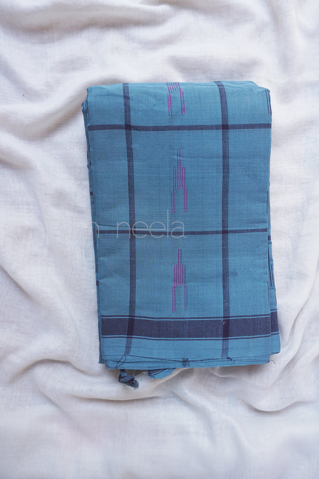 Grey and navy blue checkered Angara cotton saree - Niram Neela