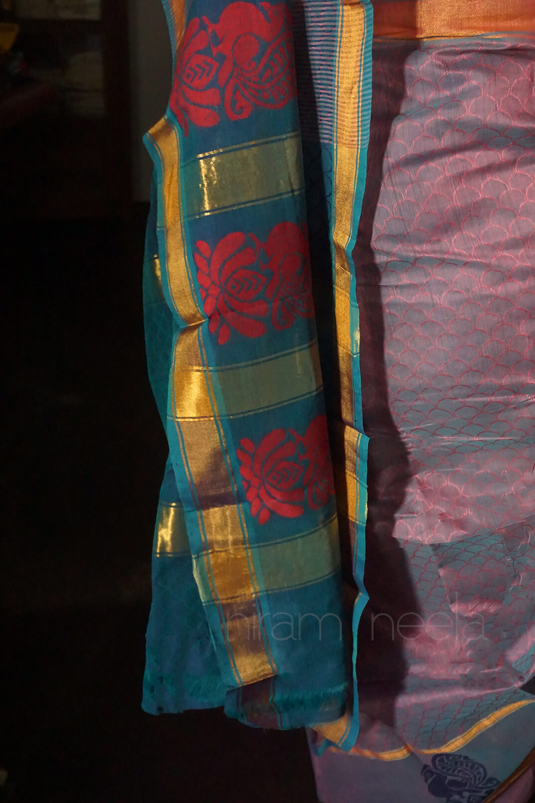 Lilac and teal handloom Angara cotton saree - Niram Neela
