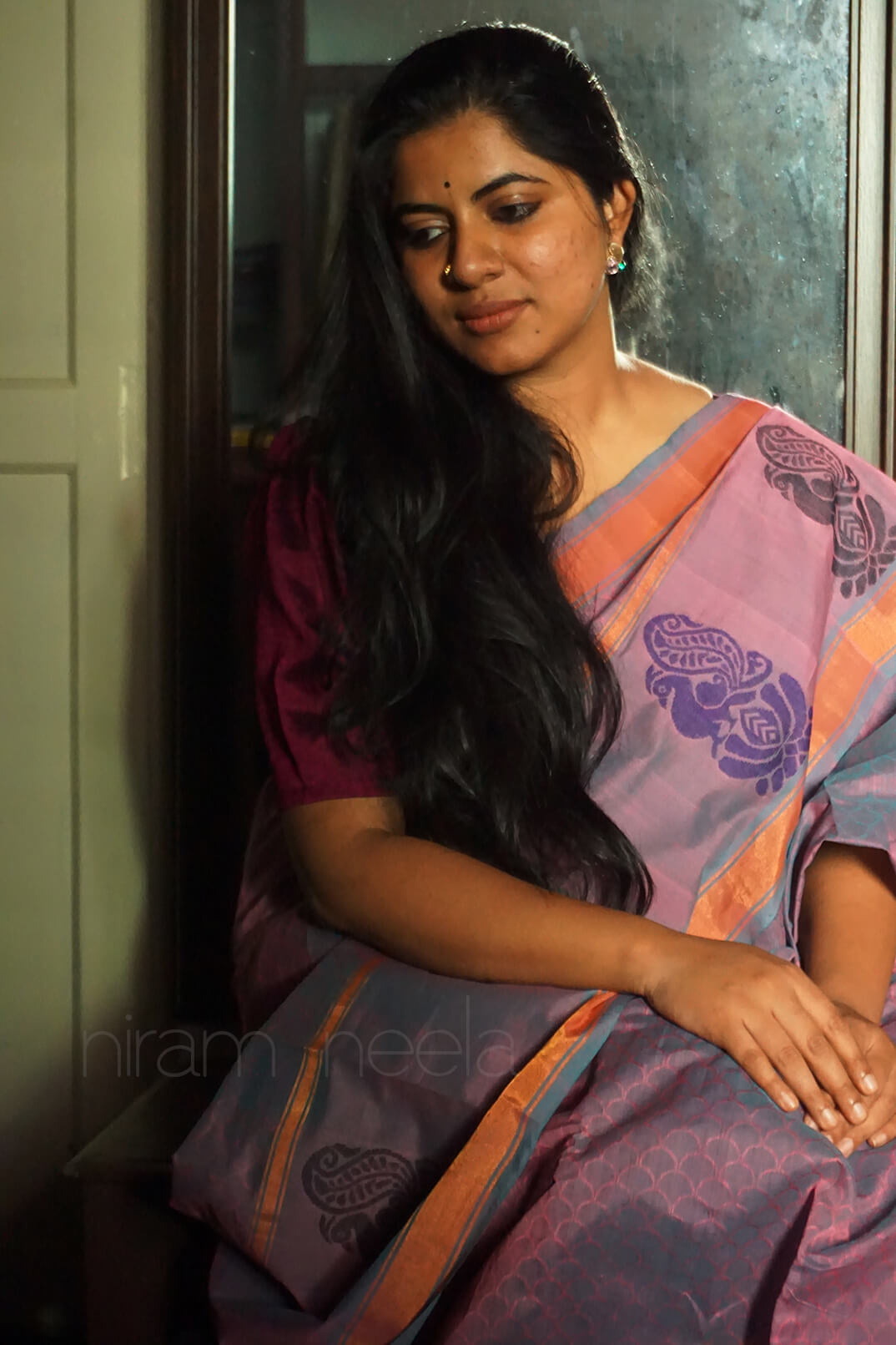 Lilac and teal handloom Angara cotton saree - Niram Neela