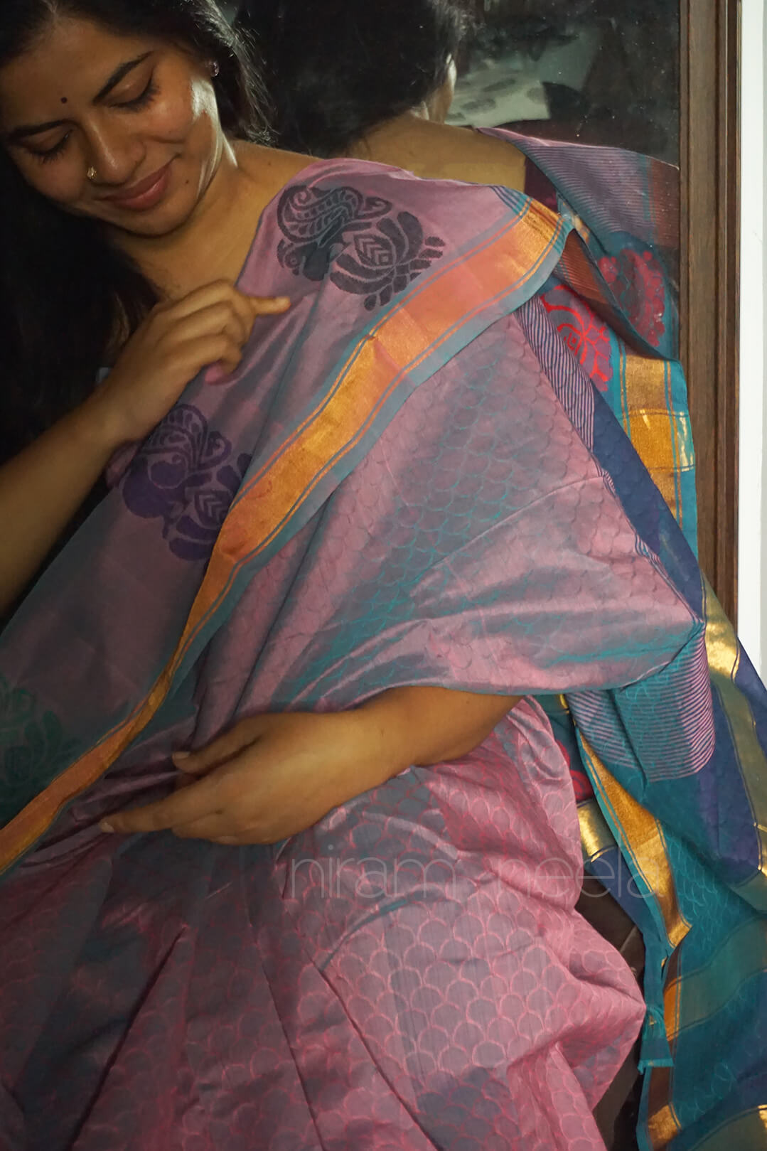 Lilac and teal handloom Angara cotton saree - Niram Neela