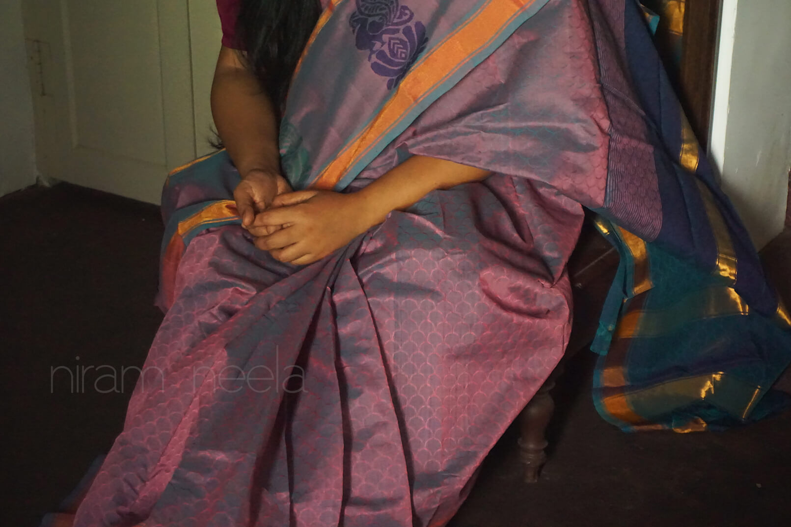 Lilac and teal handloom Angara cotton saree - Niram Neela