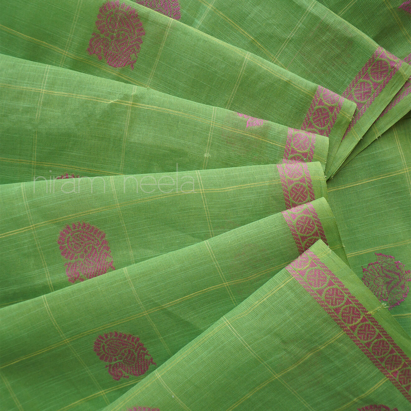 Green and pink check Godavari handloom cotton check saree | Niram Neela