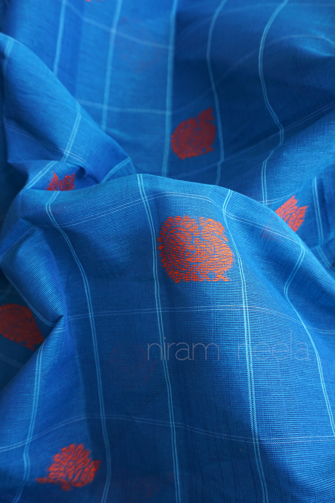 Blue and orange check Godavari cotton saree | Niram Neela