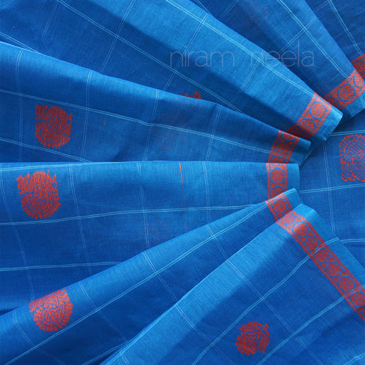 Blue and orange check Godavari cotton saree | Niram Neela