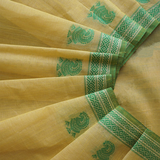 Cream and green handloom Godavari cotton workwear saree | Niram Neela