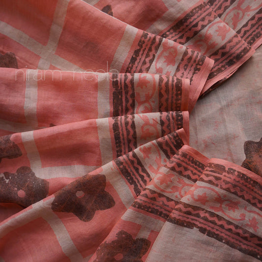 Salmon cotton Batik print saree | Niram Neela