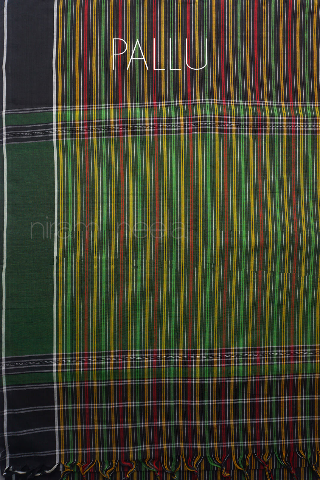 Black and multicolour pinstriped Begumpuri cotton saree | Niram Neela