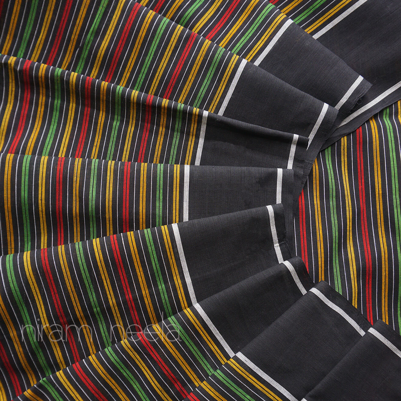Black and multicolour pinstriped Begumpuri cotton saree | Niram Neela