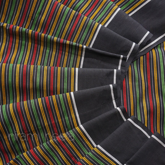 Black and multicolour pinstriped Begumpuri cotton saree | Niram Neela