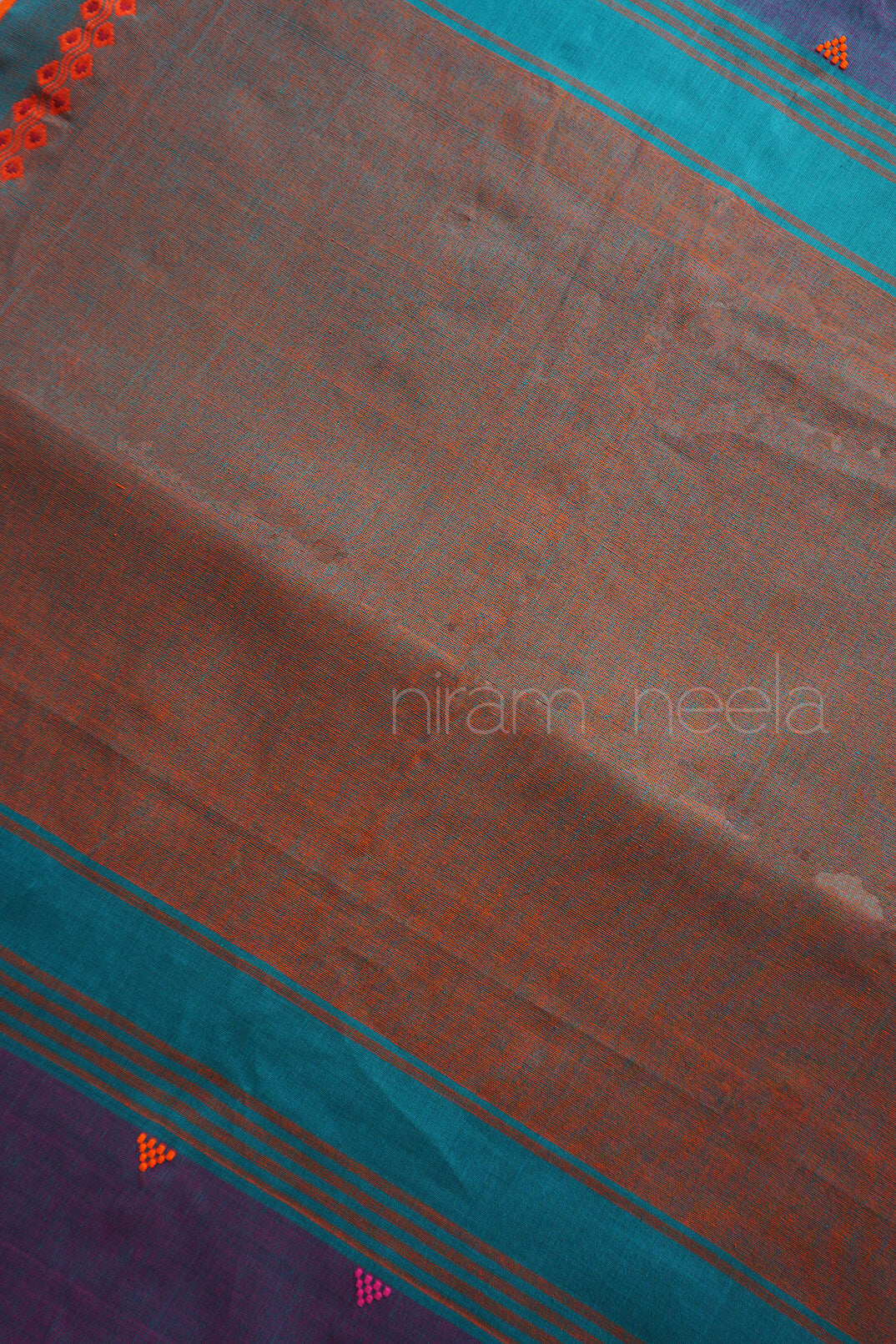 Turquoise blue and orange Begumpuri cotton saree | Niram Neela