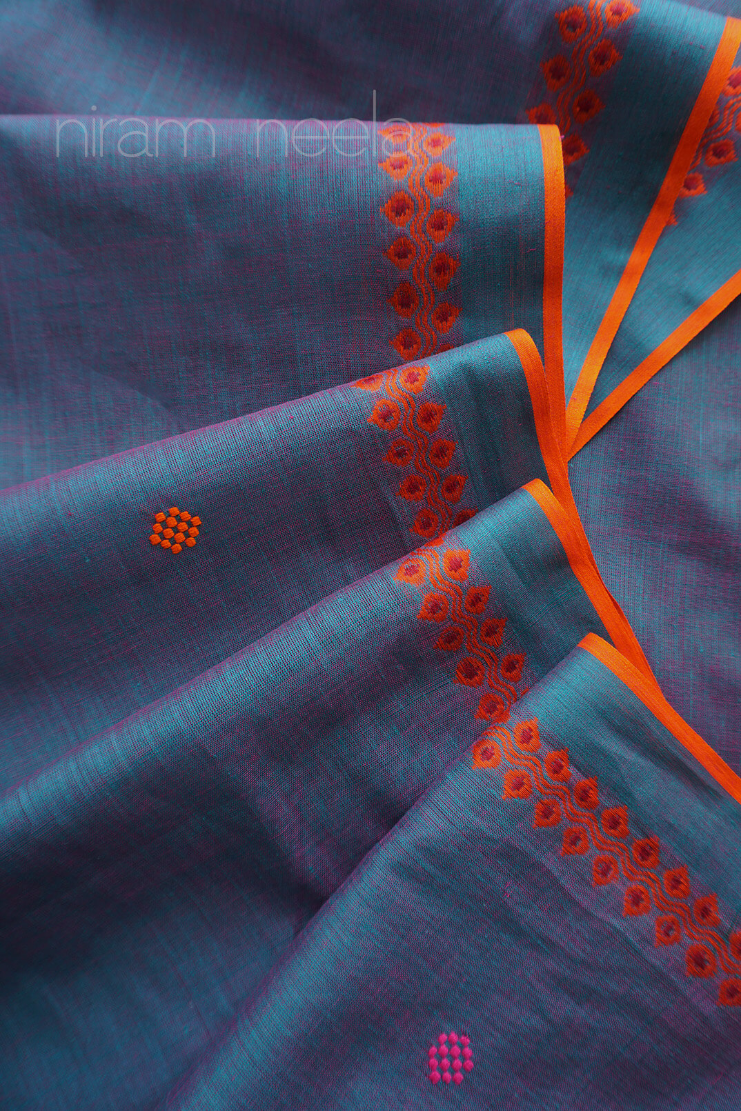 Turquoise blue and orange Begumpuri cotton saree | Niram Neela