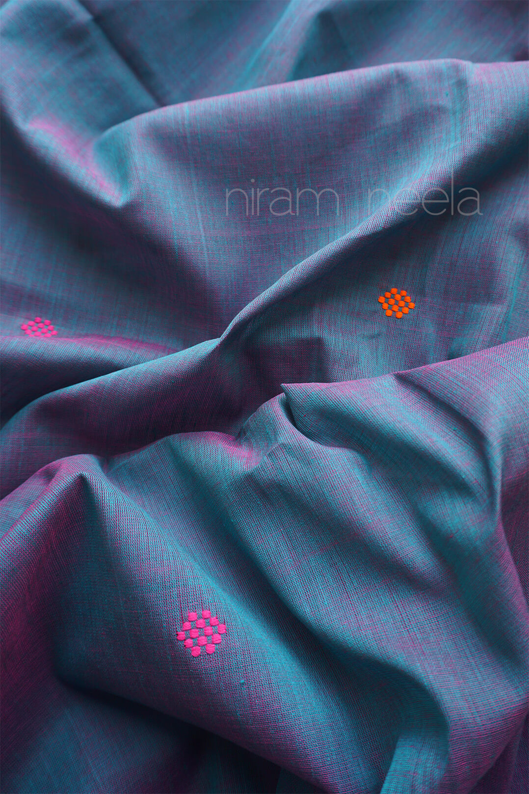 Turquoise blue and orange Begumpuri cotton saree | Niram Neela
