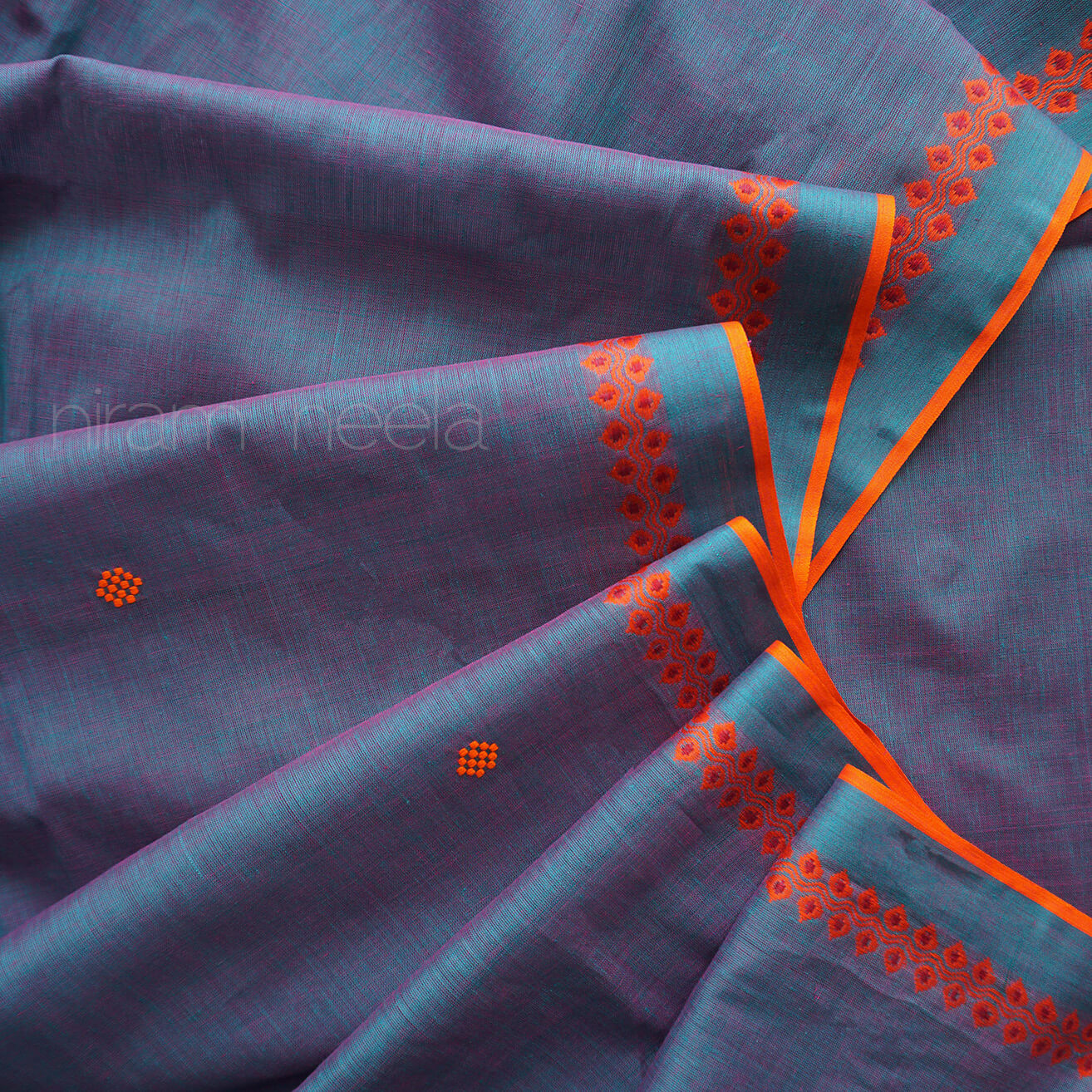 Turquoise blue and orange Begumpuri cotton saree | Niram Neela