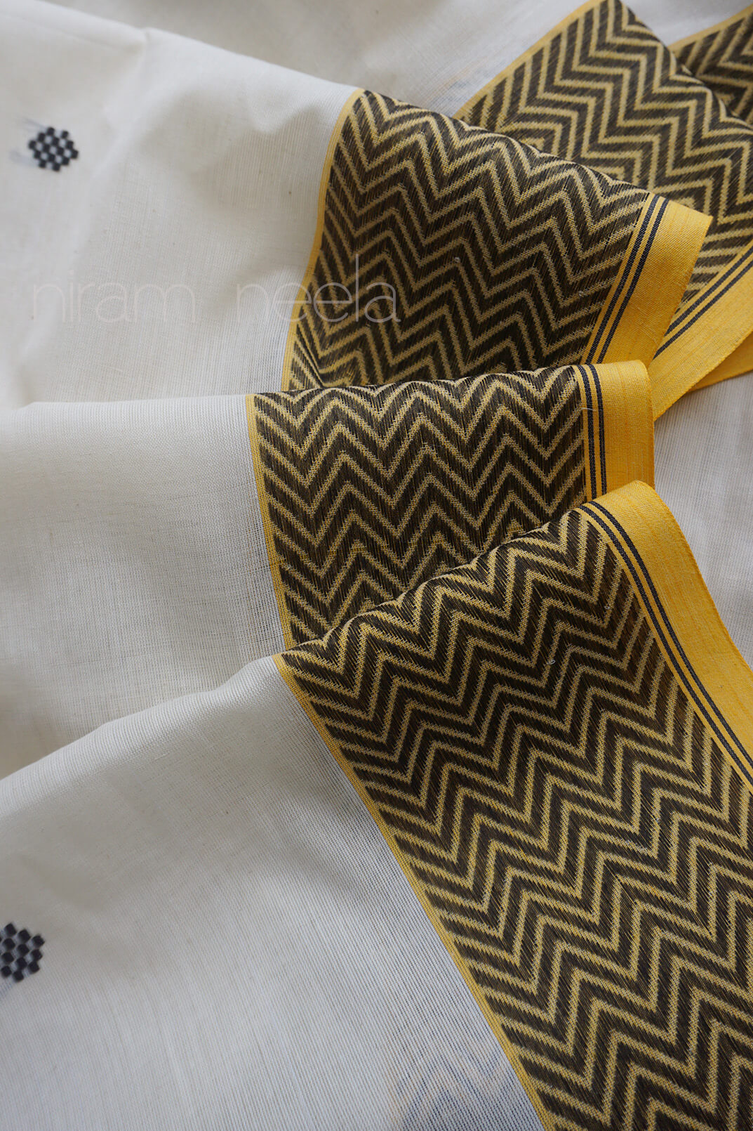 White and yellow Begumpuri cotton saree | Niram Neela