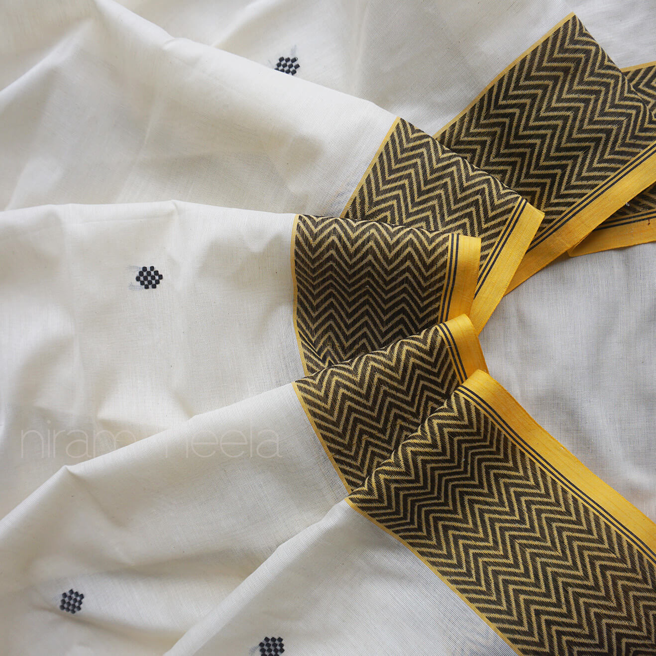 White and yellow Begumpuri cotton saree | Niram Neela