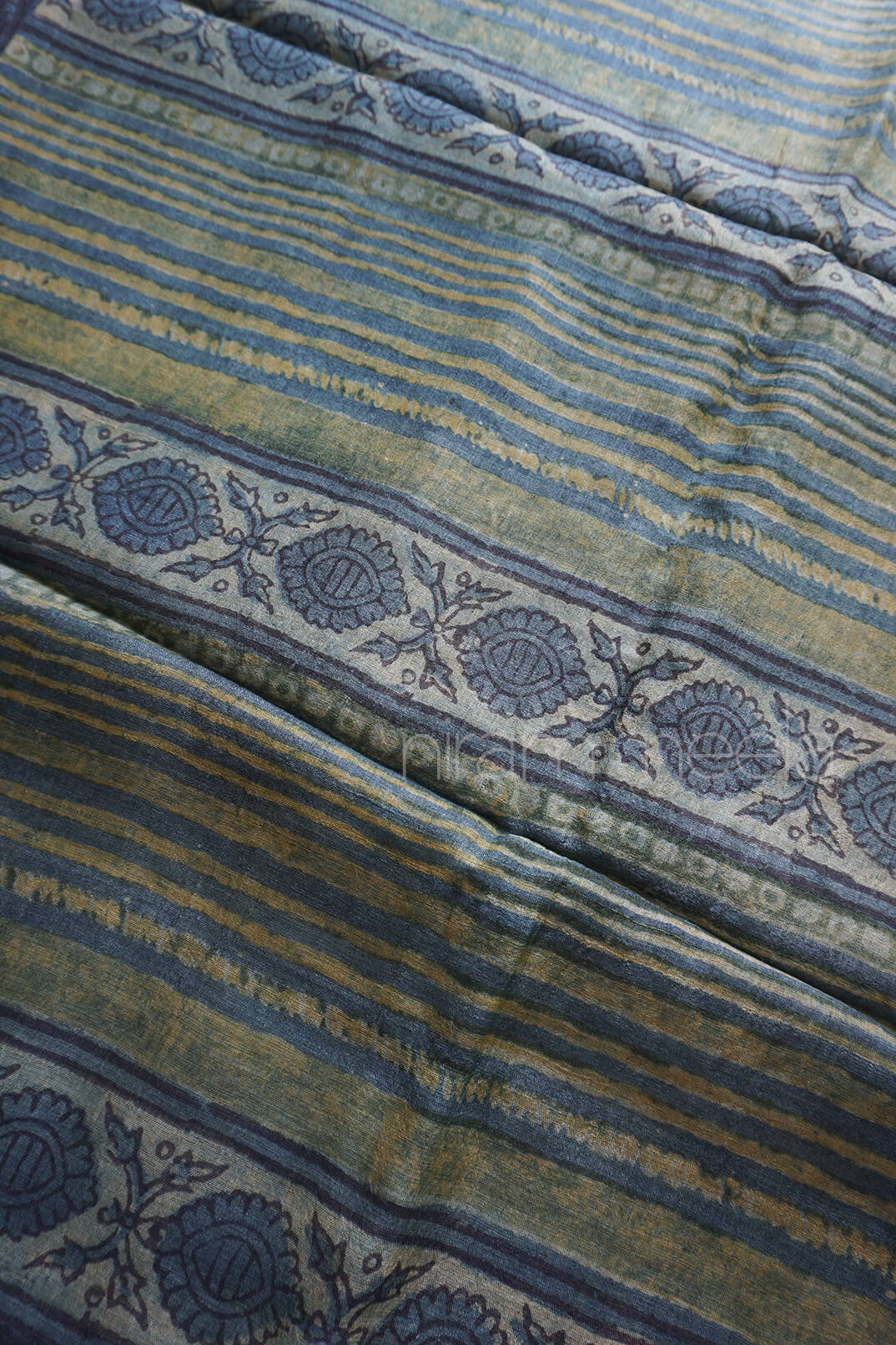 Indigo and slate green Vanaspati print tussar silk saree| Niram Neela