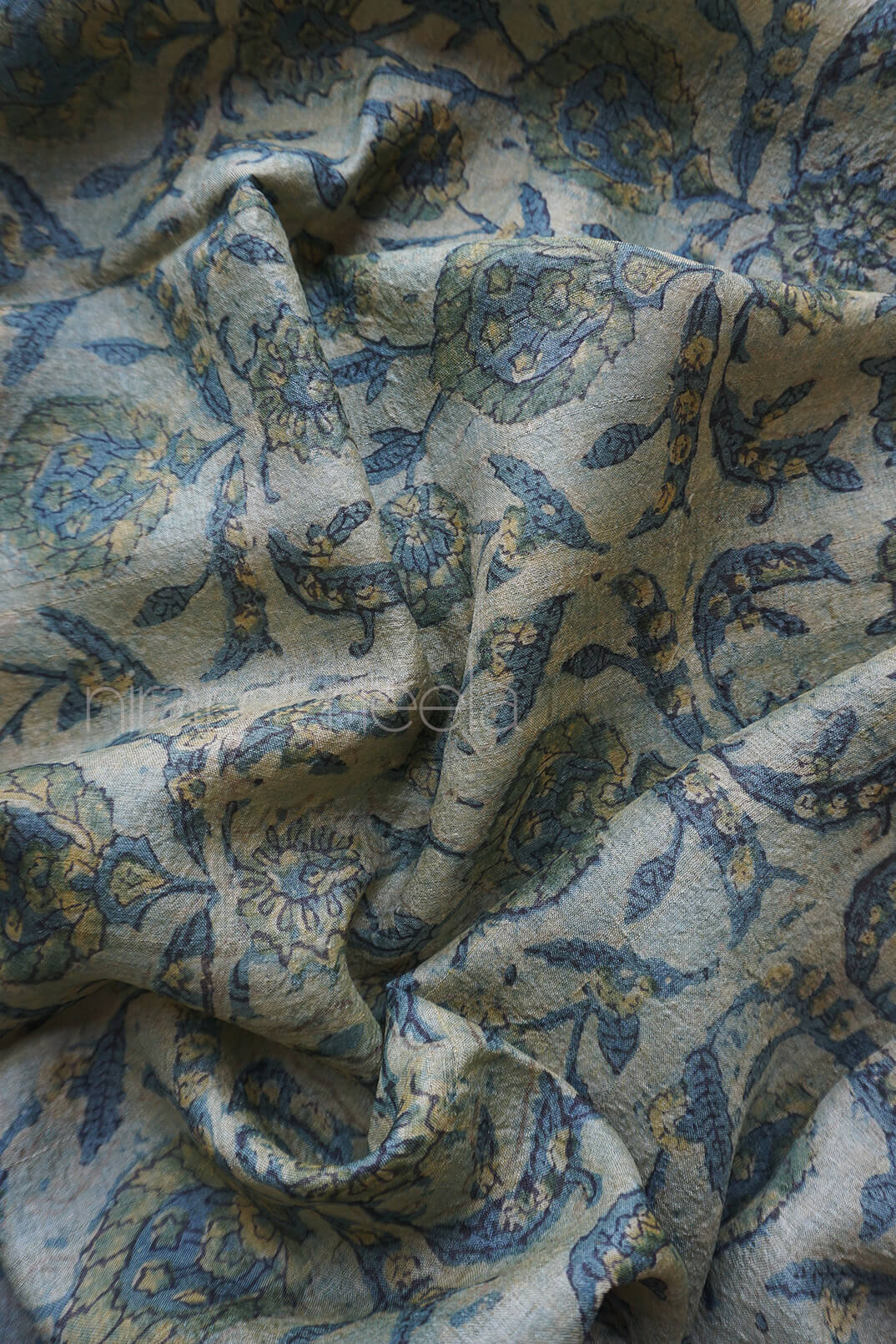 Indigo and slate green Vanaspati print tussar silk saree| Niram Neela