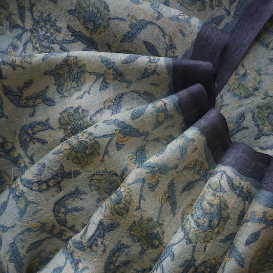 Indigo and slate green Vanaspati print tussar silk saree| Niram Neela