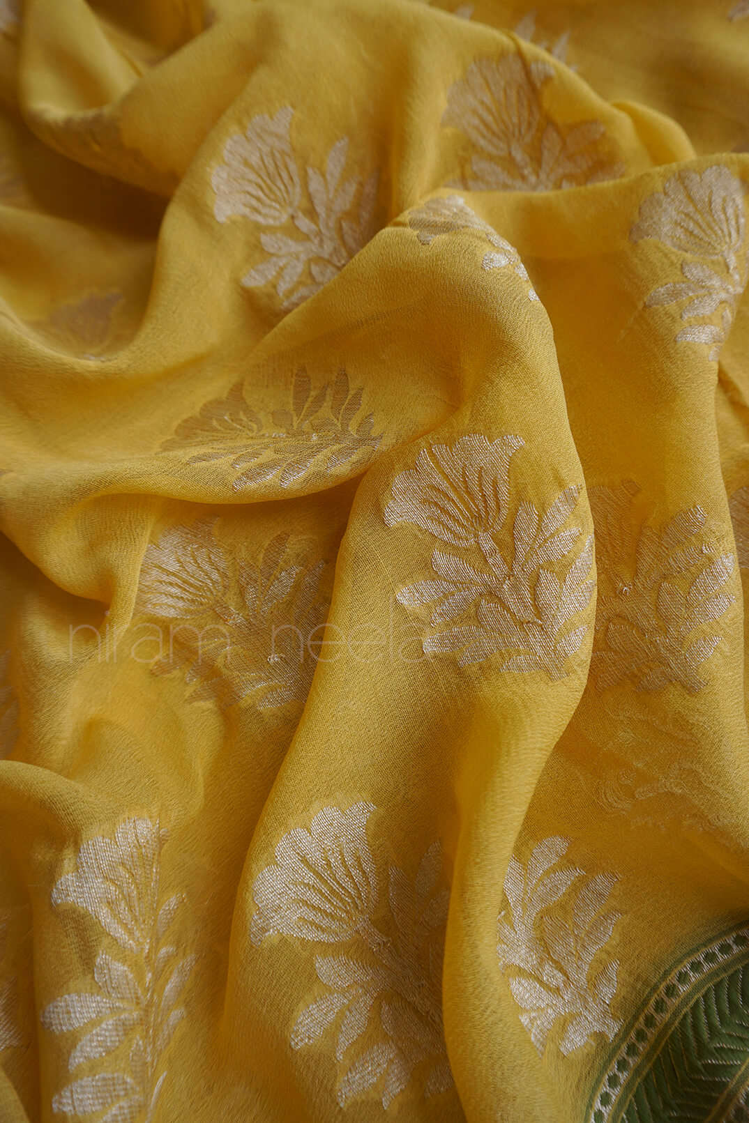 Yellow and green Banarasi silk chiffon saree | Niram Neela