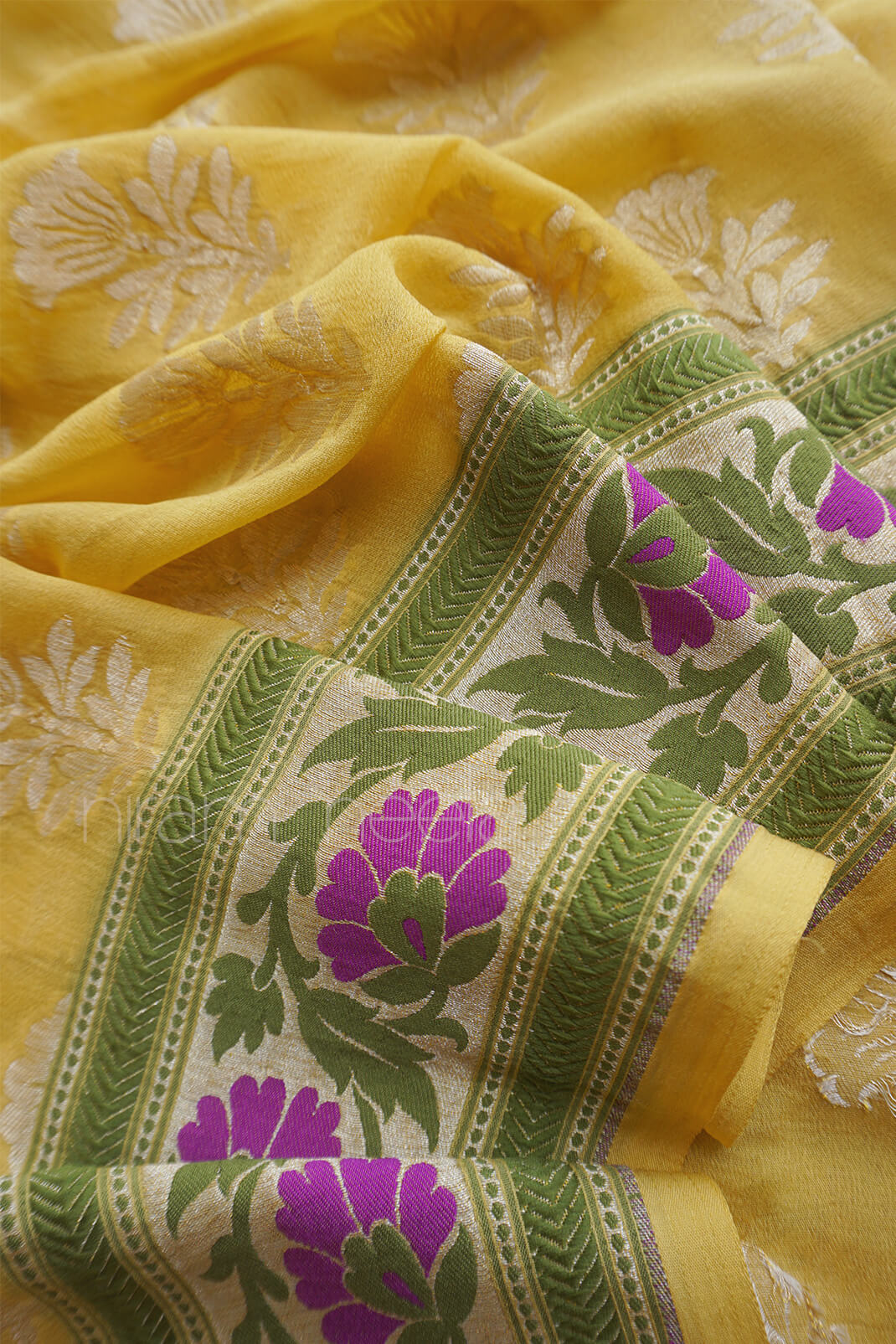 Yellow and green Banarasi silk chiffon saree | Niram Neela