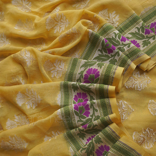 Yellow and green Banarasi silk chiffon saree | Niram Neela