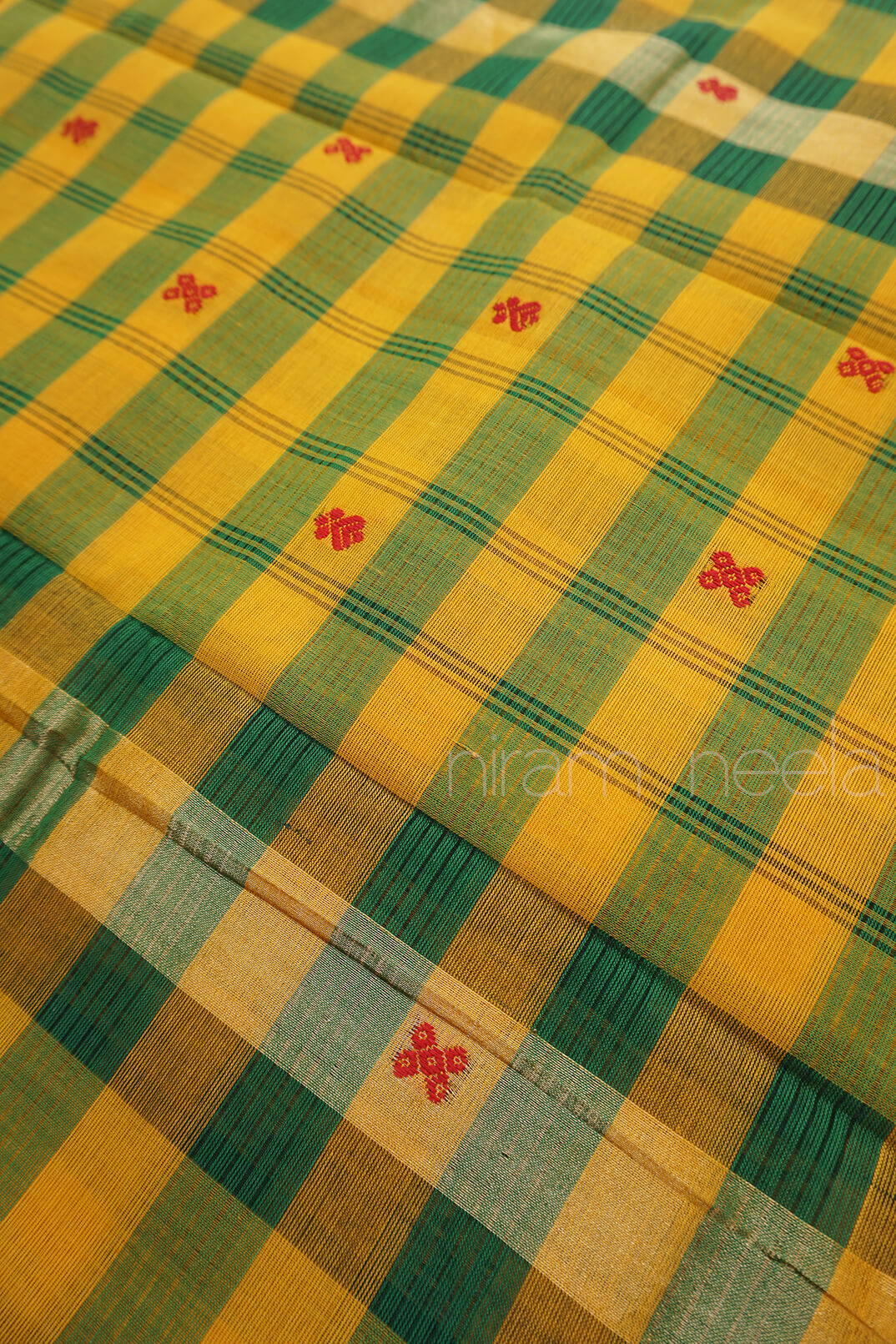Yellow and green checkered Chettinad cotton saree - Niram Neela