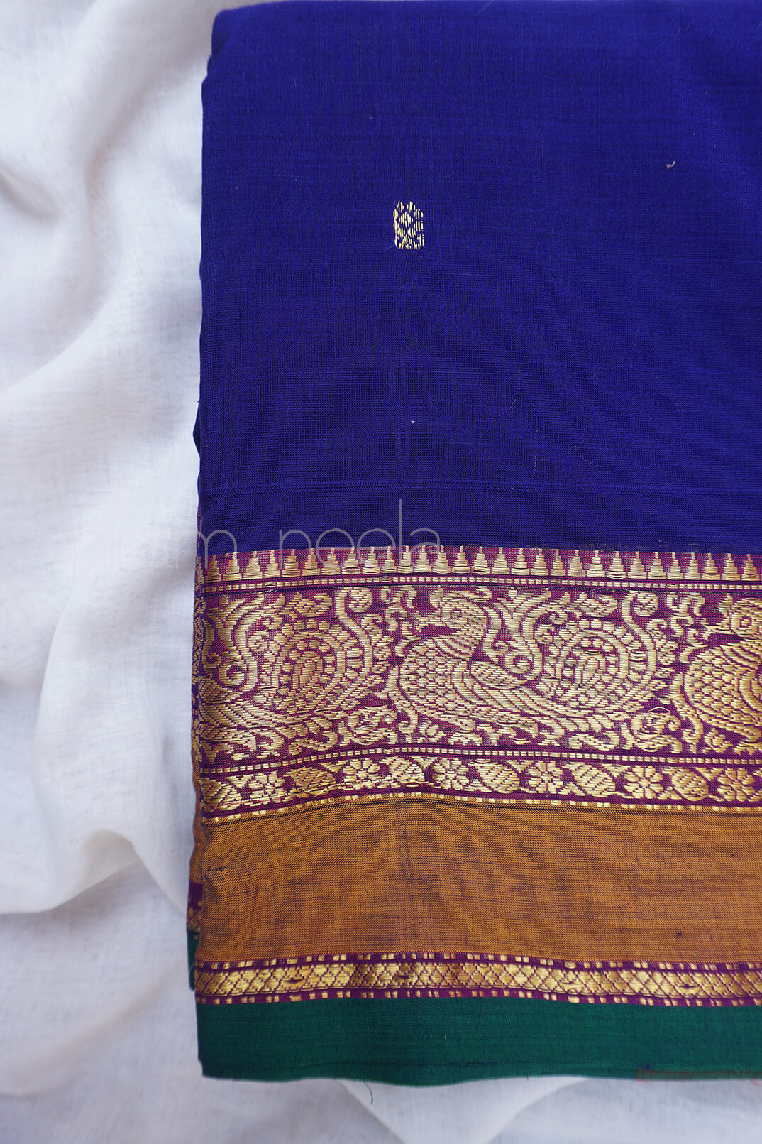 Navy blue and purple handloom Chettinad silk cotton saree - Niram Neela