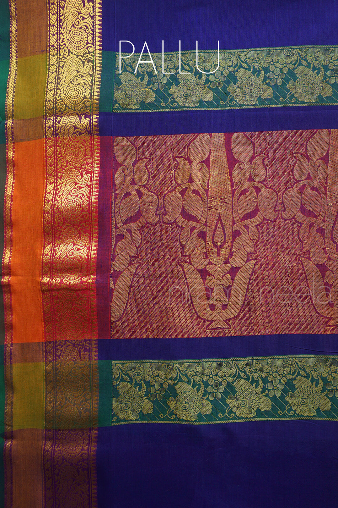Navy blue and purple handloom Chettinad silk cotton saree - Niram Neela