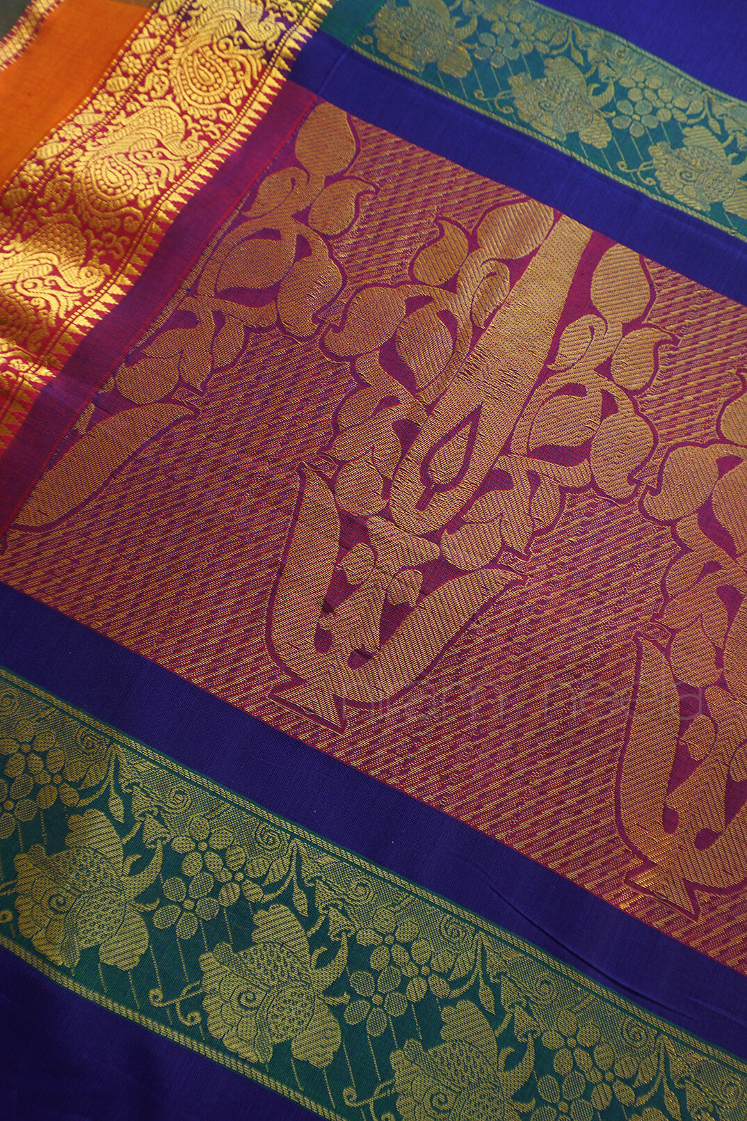 Navy blue and purple handloom Chettinad silk cotton saree - Niram Neela