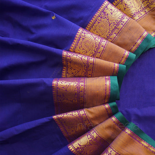 Navy blue and purple handloom Chettinad silk cotton saree - Niram Neela