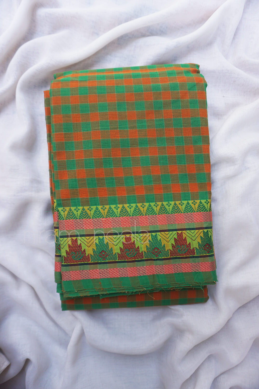 Green and orange checkered Chettinad cotton saree - Niram Neela
