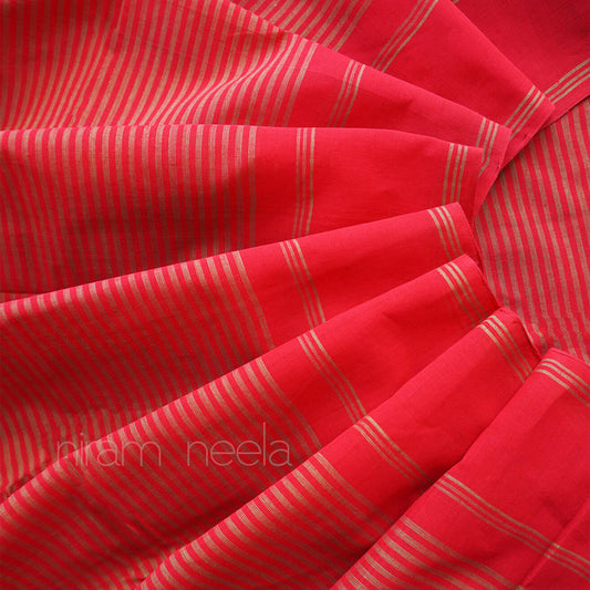Tomato pink and green striped handloom Chettinad cotton saree | Niram Neela