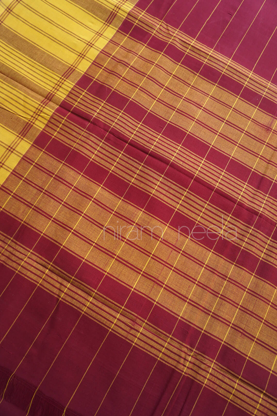 Maroon and yellow striped Chettinad cotton saree | Niram Neela