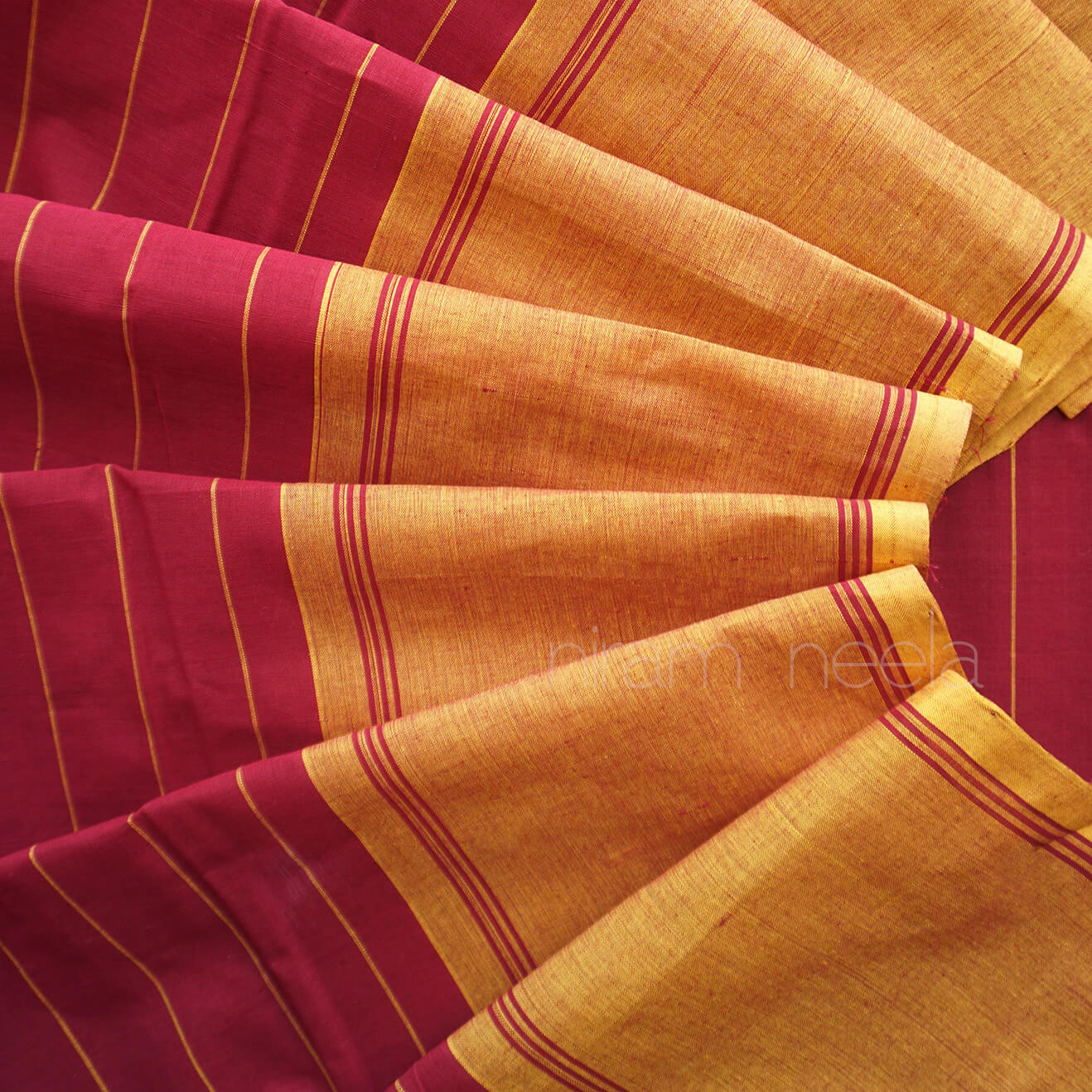Maroon and yellow striped Chettinad cotton saree | Niram Neela