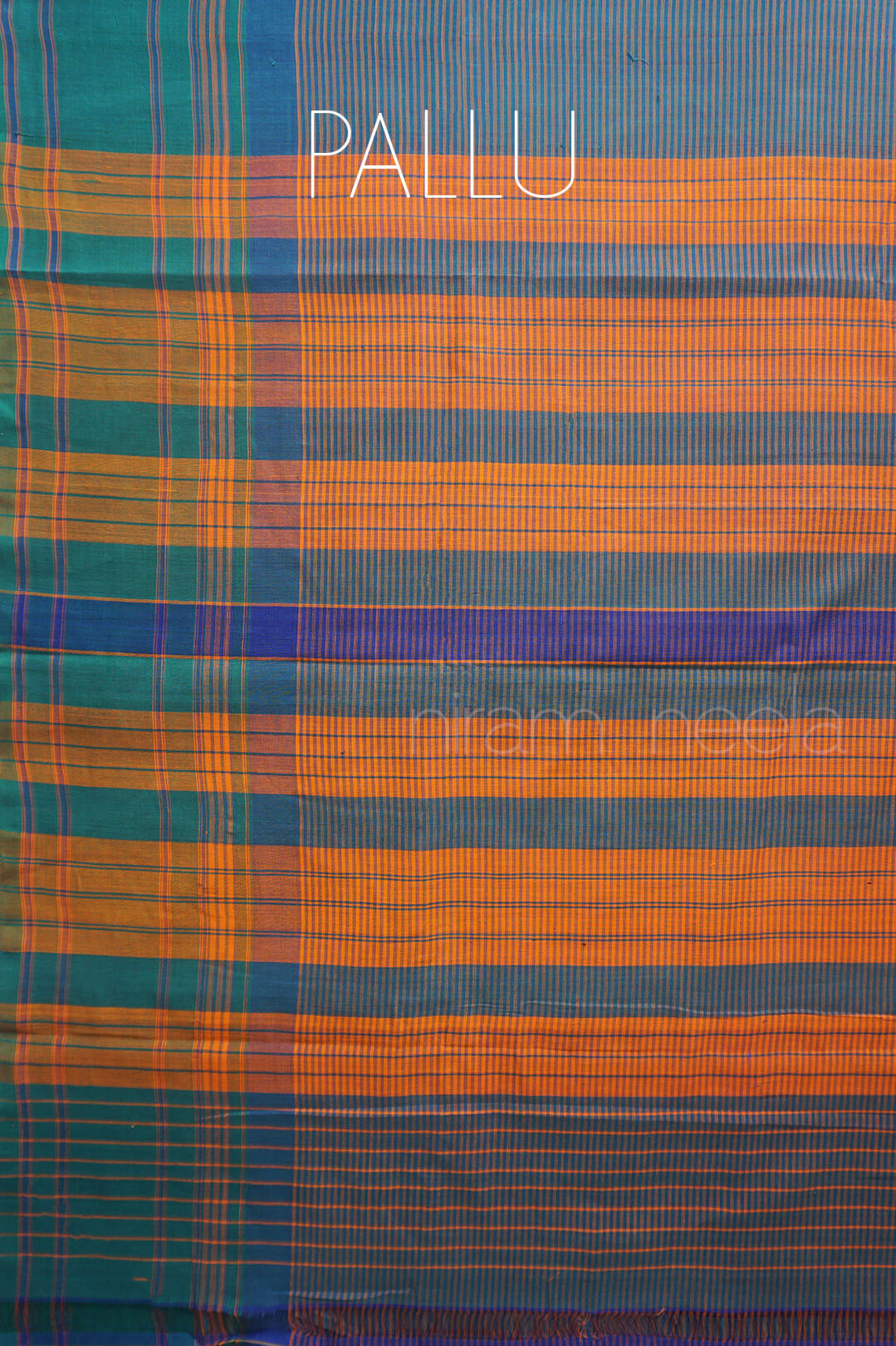 Striped fabric with blue, orange, and green colors, labeled 'Pallu'.