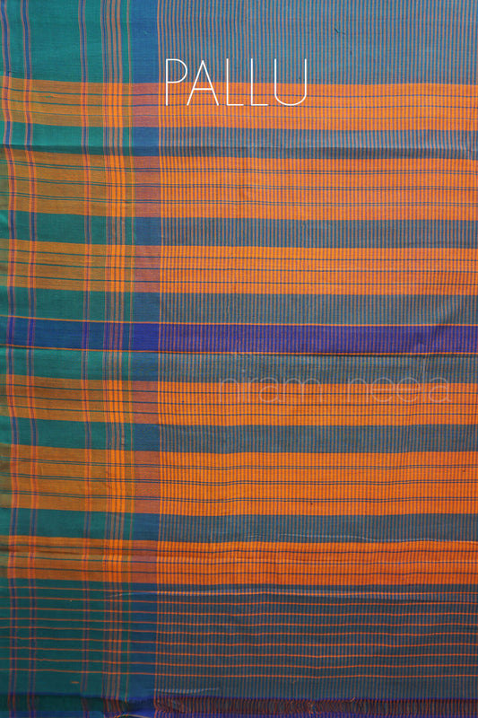 Striped fabric with blue, orange, and green colors, labeled 'Pallu'.