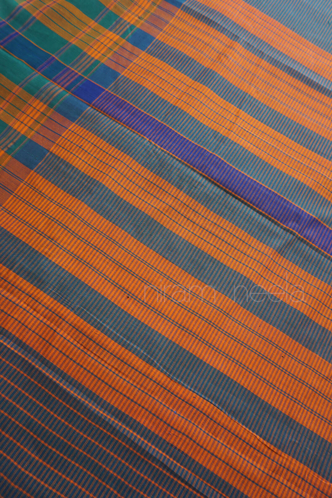 Green and peacock blue striped Chettinad cotton saree | Niram Neela
