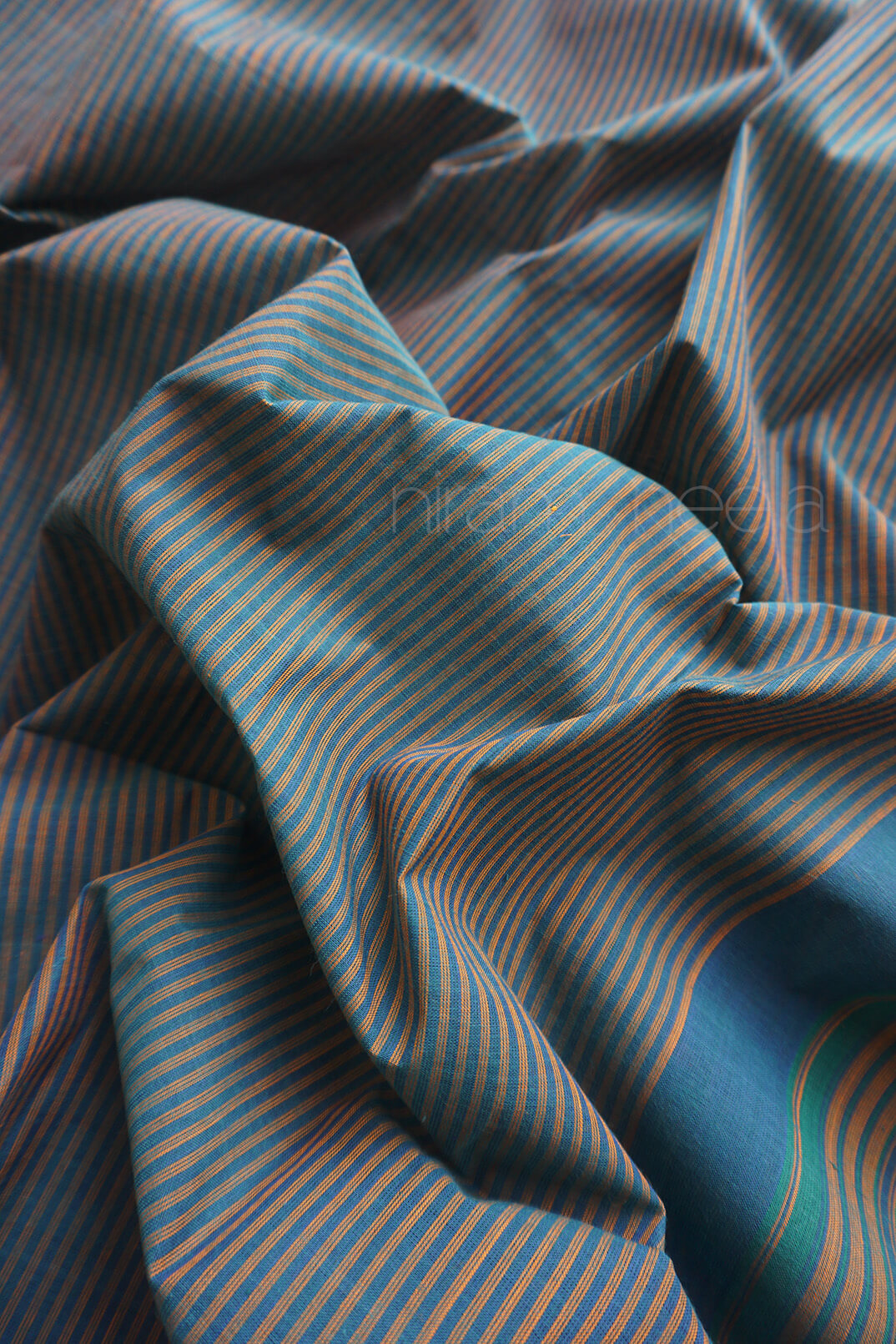 Green and peacock blue striped Chettinad cotton saree | Niram Neela