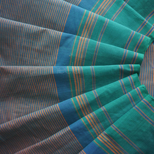 Green and peacock blue striped Chettinad cotton saree | Niram Neela